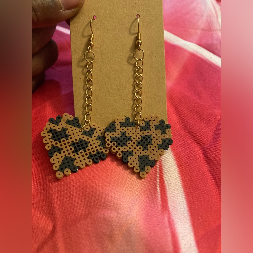 Handmade perler bead brown and black heart dangling earrings